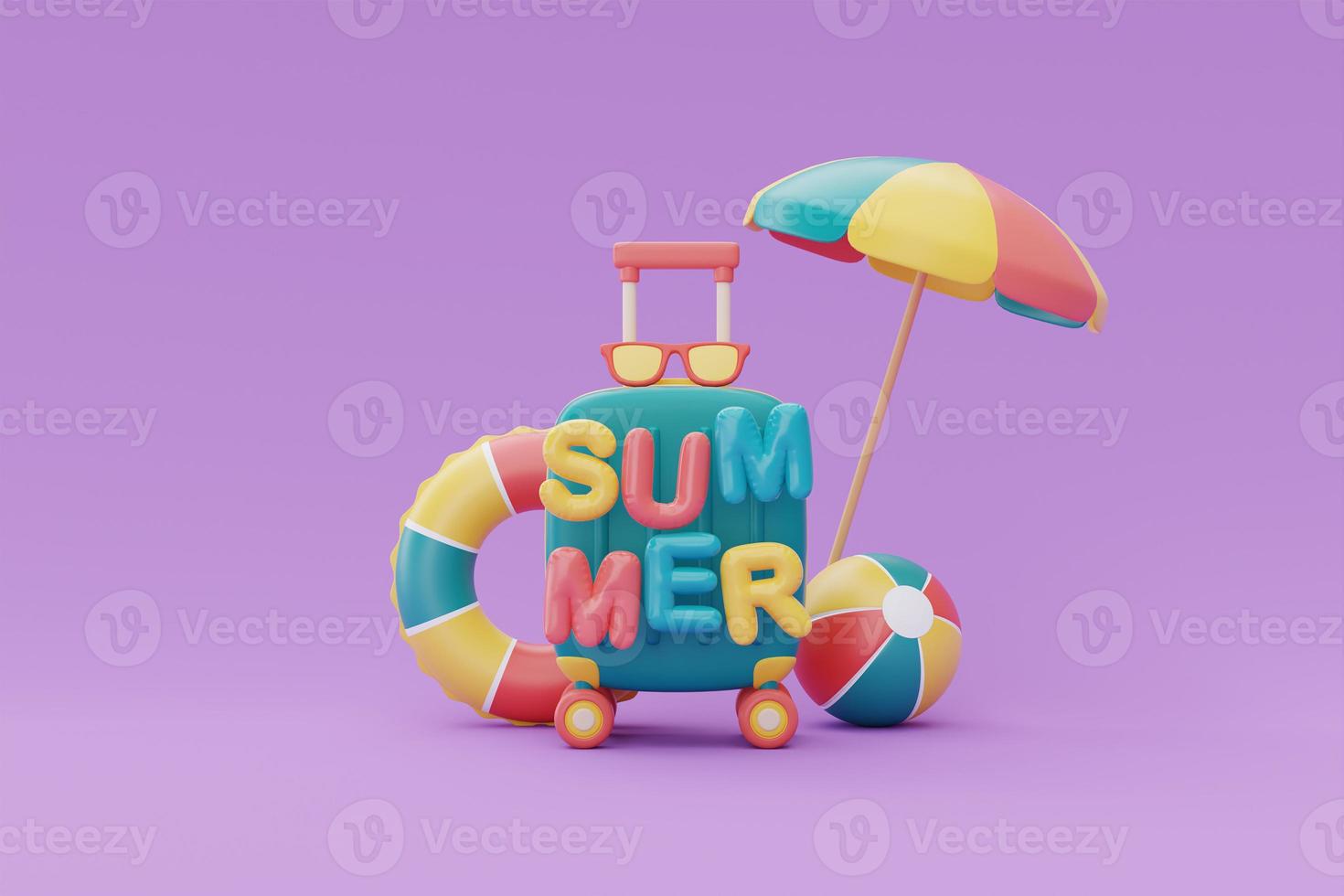 Summer time concept with suitcase and colorful summer beach elements on purple background, 3d rendering. photo