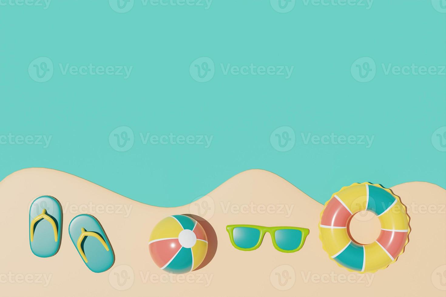 Summer time concept with colorful summer beach elements, 3d rendering. photo