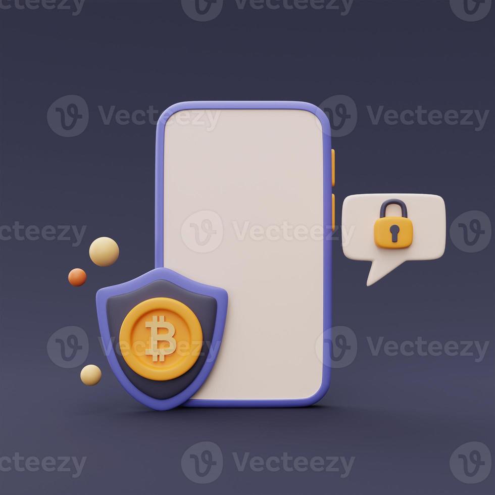 Cryptocurrency transaction security concept with smartphone,bitcoin,blockchain technology services,minimal style.3d rendering. photo