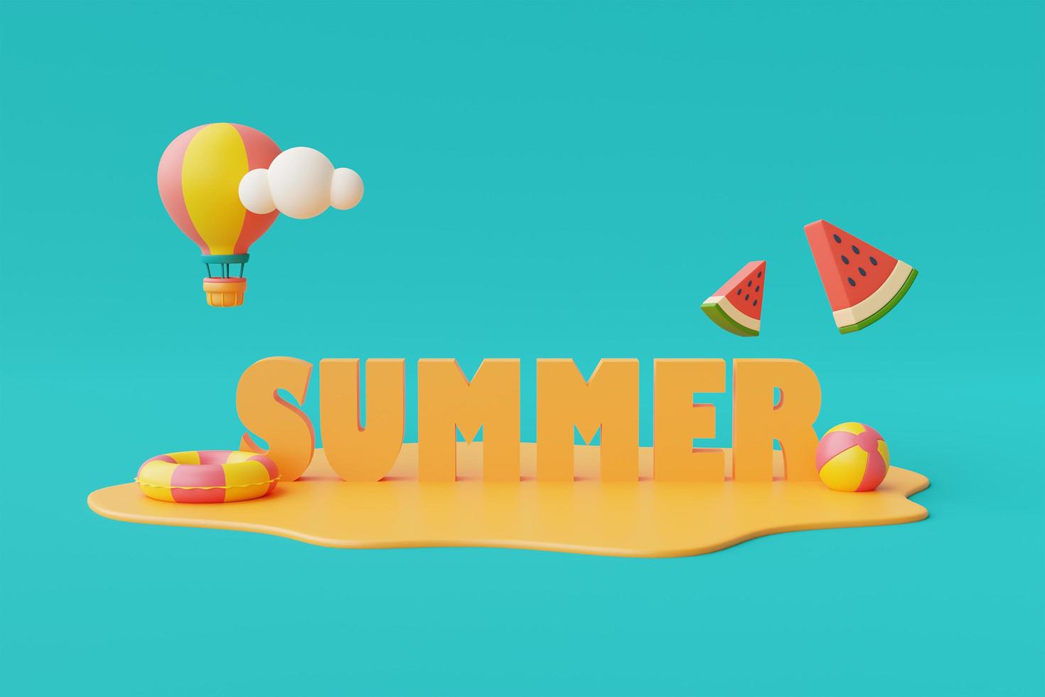 3d rendering of summer vacation concept with colorfull summer elements,minimal style.3d render. photo