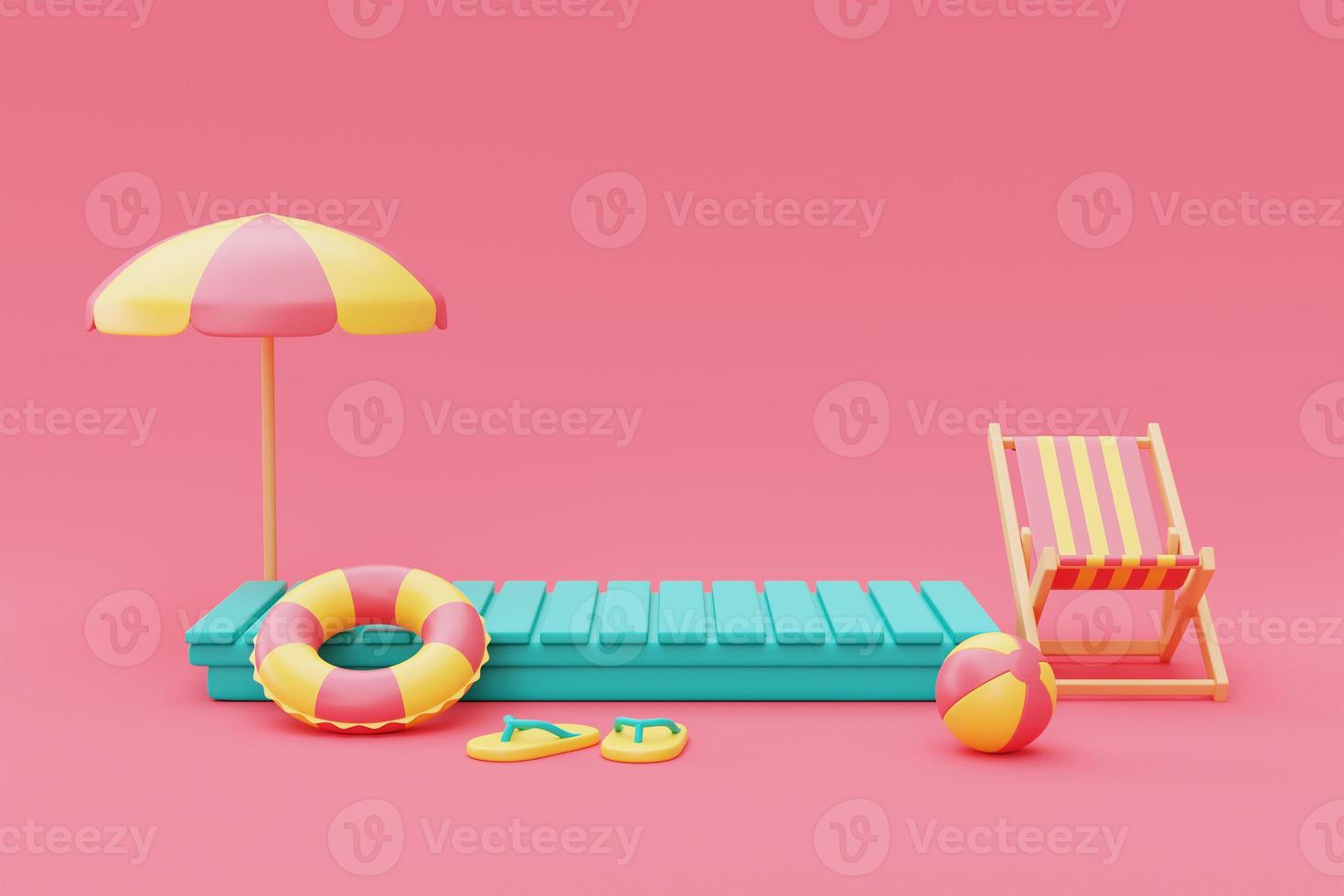 3d rendering of summer vacation concept ,Blue mock up display with beach chairs,umbrella and colorfull summer elements,minimal style.3d render. photo