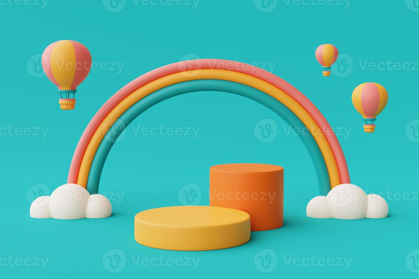 3d rendering of Summer vacation concept,colorfull podium display with hot air balloon,clouds and rainbow ,minimal style.3d render. photo