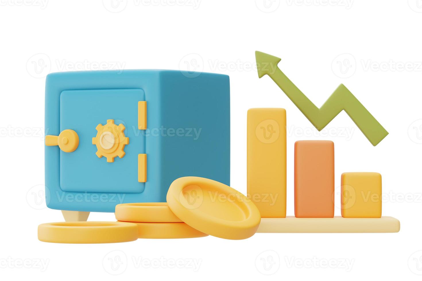 Render 3d de caja fuerte azul con moneda de dólar, barras de oro y gráfico aislado sobre fondo claro, concepto de ahorro de dinero, inversión financiera empresarial. Estilo minimalista. Representación 3d. foto