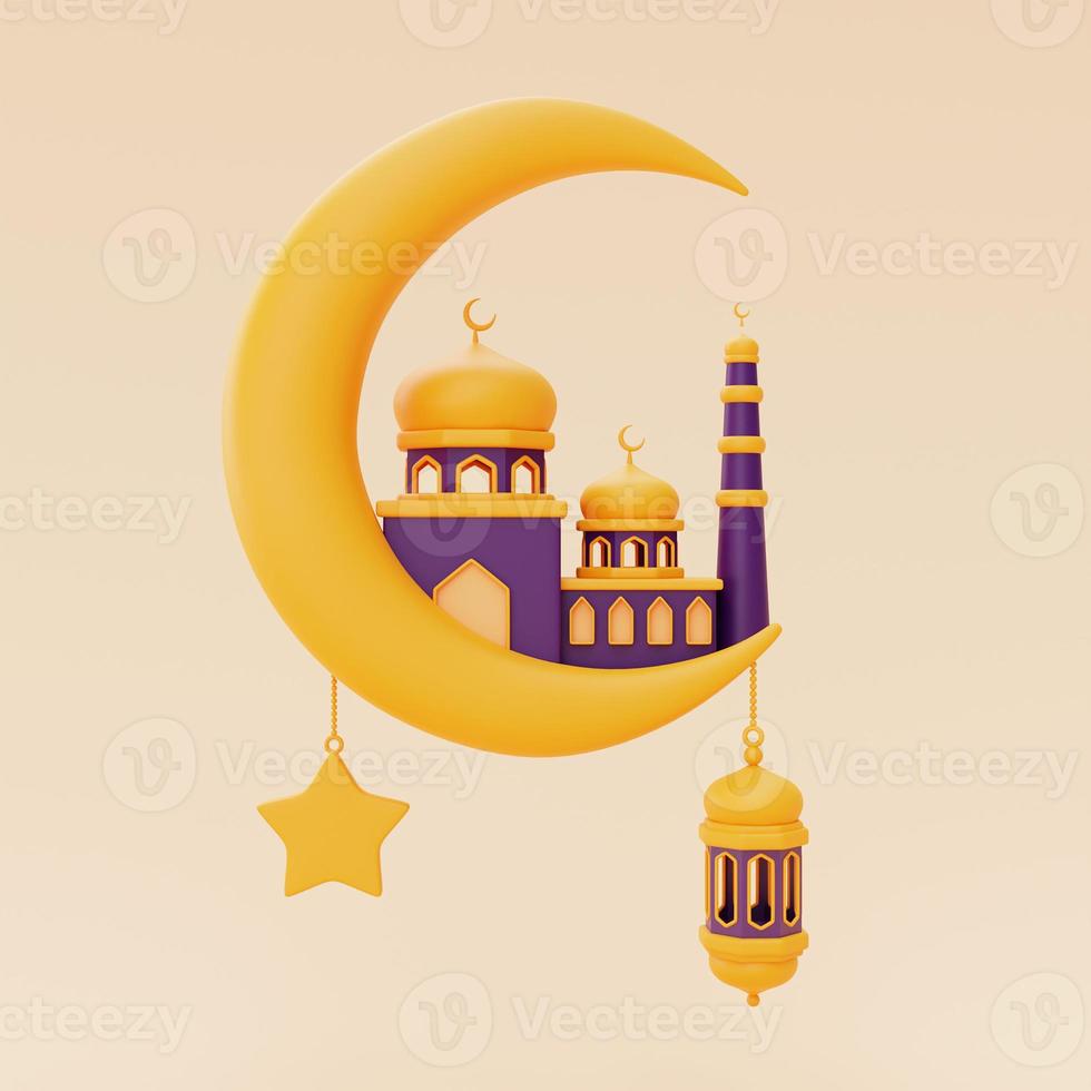 3d ramadan greetings with lantern,mosque and crescent moon ,Islamic holiday,Raya Hari, Eid al Adha, 3d rendering. photo