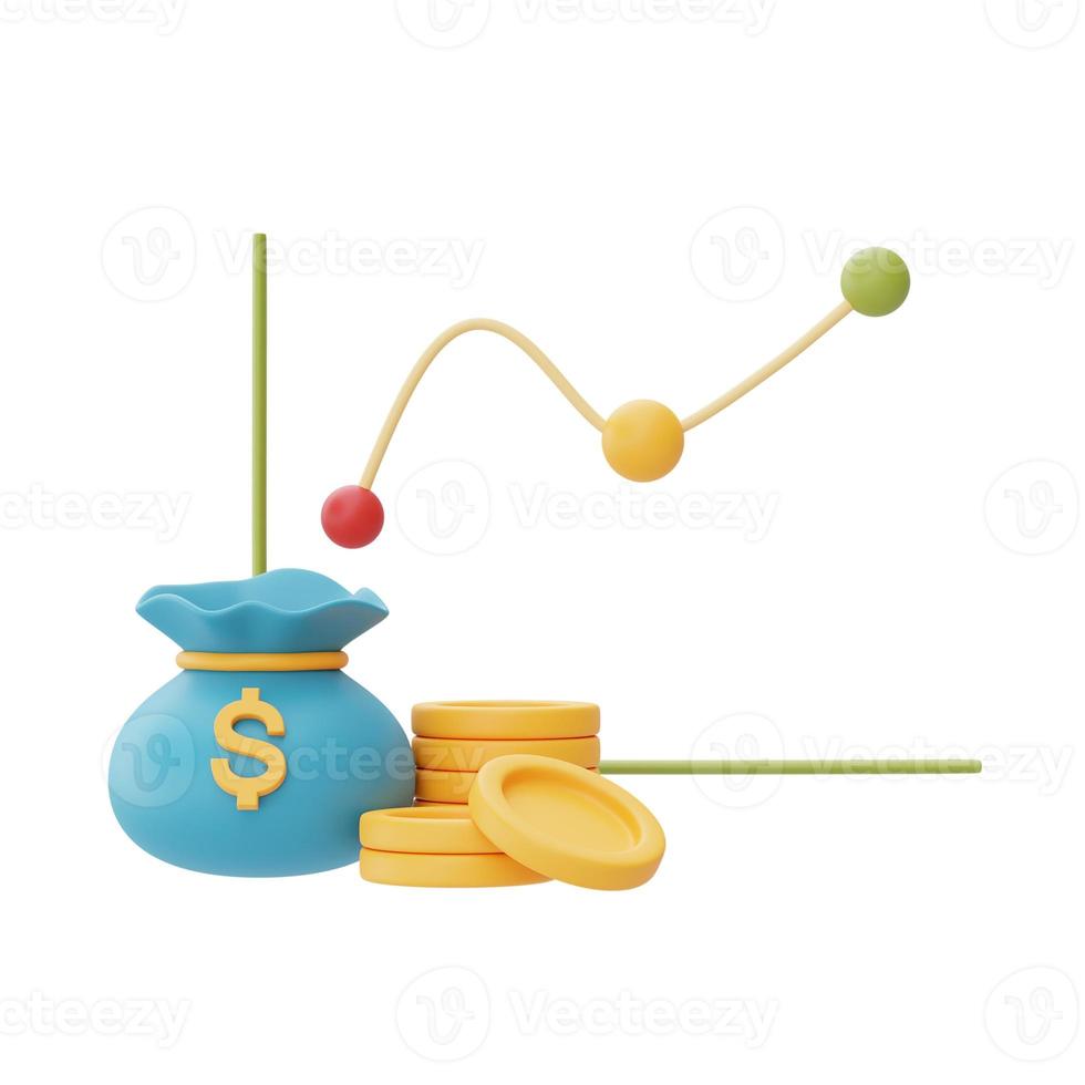 financial investments future income growth concept with coin stacks,coin bag and graph,saving money or interest increasing,3d rendering photo