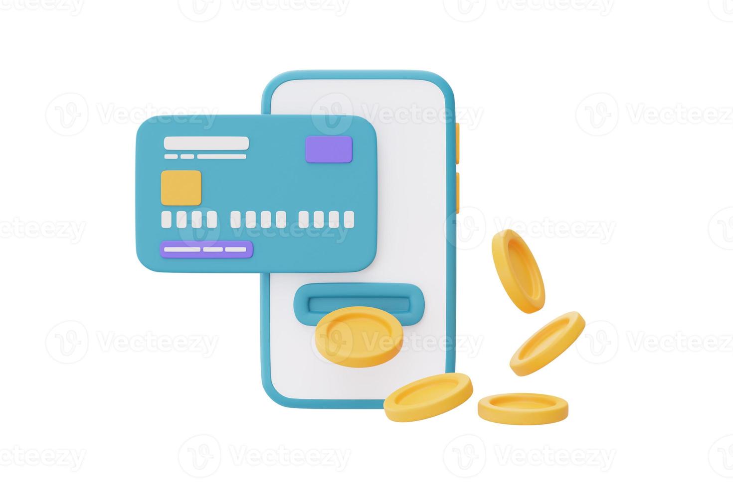 Online cashback service or digital payment concept,Smartphone with blue credit cards and dollar coin,3d rendering photo