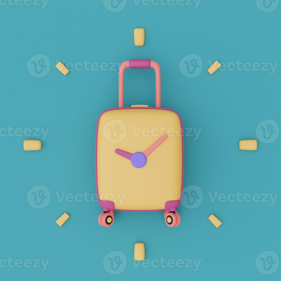 Yellow suitcase with clock,time to travel concept,vacation planning,holiday,Ready for travel.3d render. photo