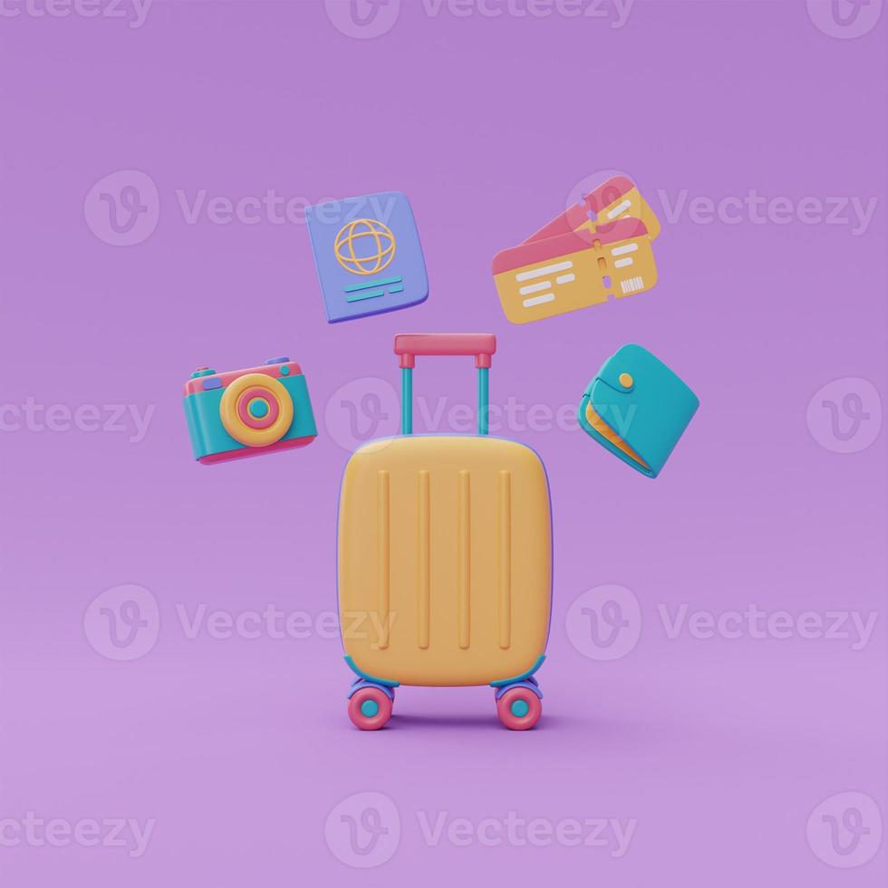 Tourism and travel plan to trip with suitcase,wallet,tickets,passport and camera,holiday vacation,3d rendering photo