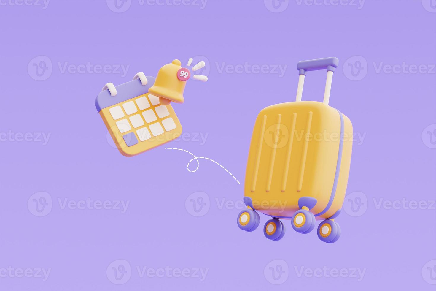 Time to travel concept,Booking airline tickets online with yellow suitcase and calendar,Tourism and travel plan to trip,holiday vacation,3d rendering photo