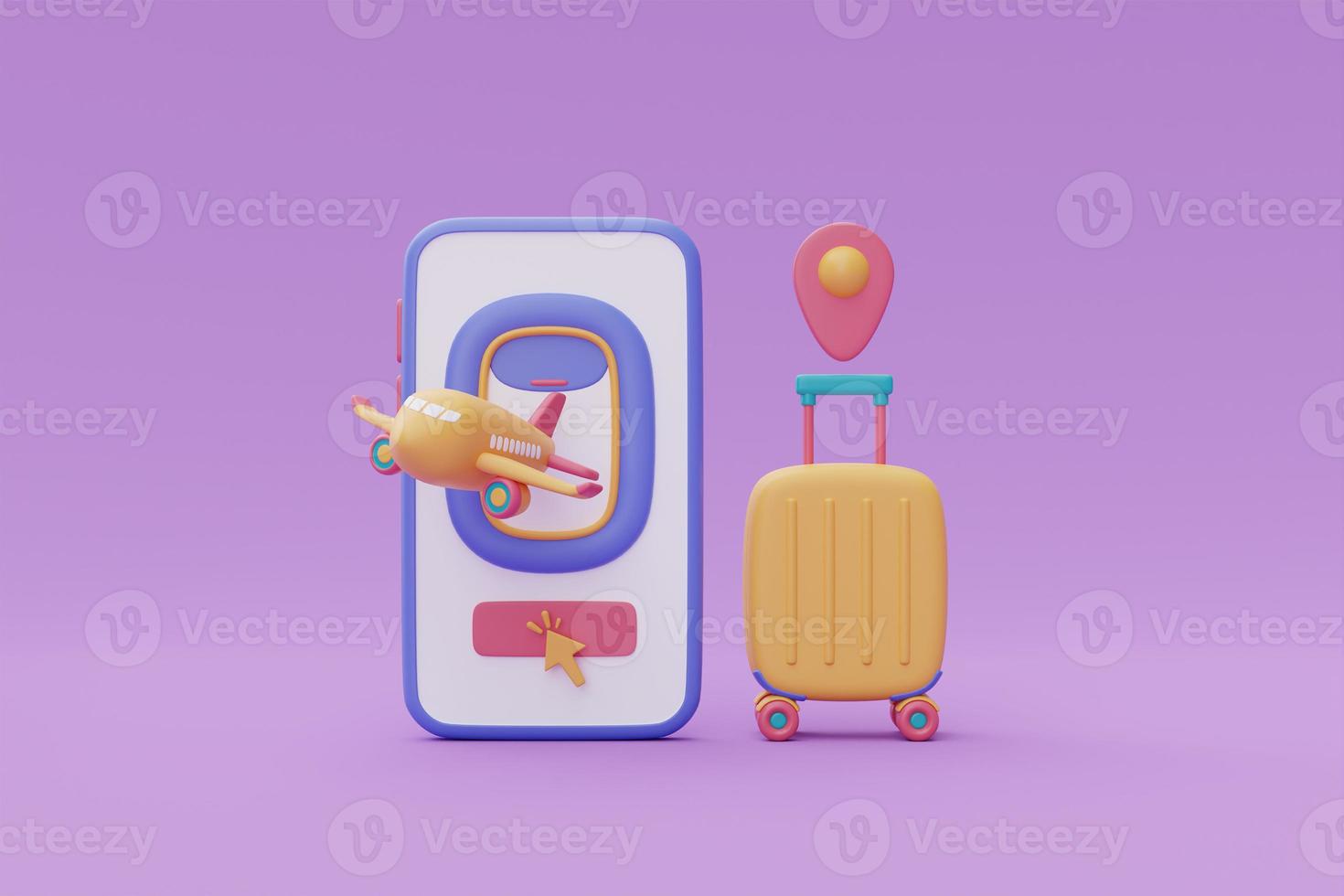 Tourism and travel plan to trip,Smartphone with airplane and suitcase,time to travel,Booking airline tickets online,holiday vacation,3d rendering photo