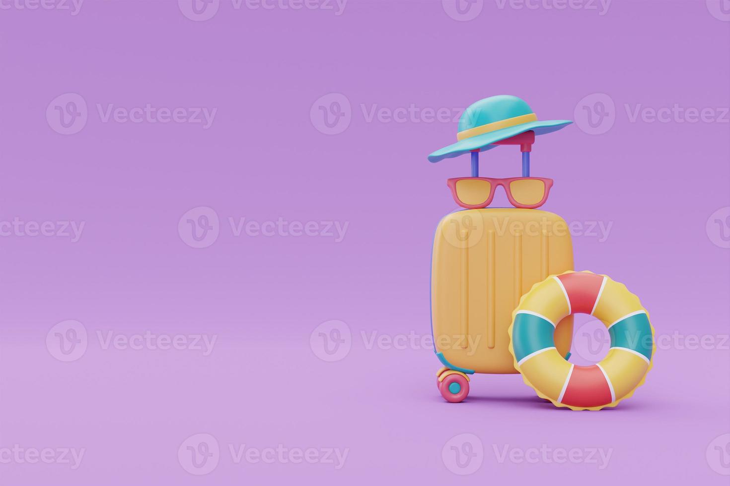 Yellow suitcase with colorful summer beach elements ,Tourism and travel plan to trip concept,holiday vacation,summer time,3d rendering photo
