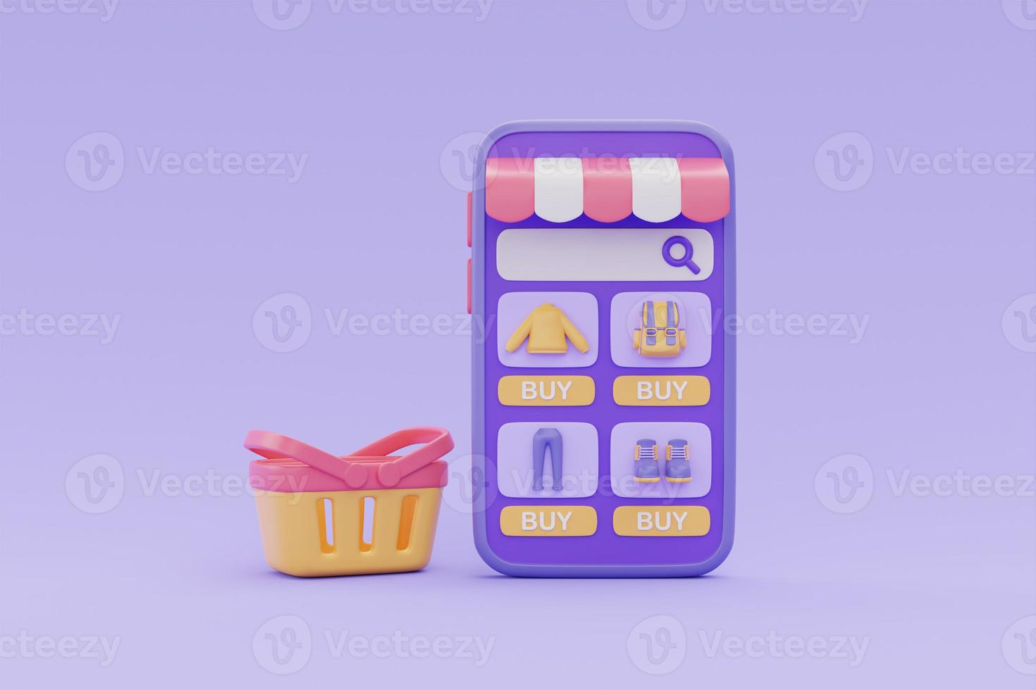 Online shopping store on smartphone with shopping basket on purple background, 3d rendering. photo