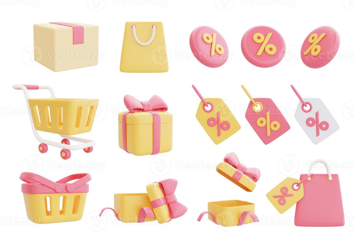 Great discount and sale promotion concept object collection with shopping bag, cart, baskets and gift boxes, 3d rendering. photo