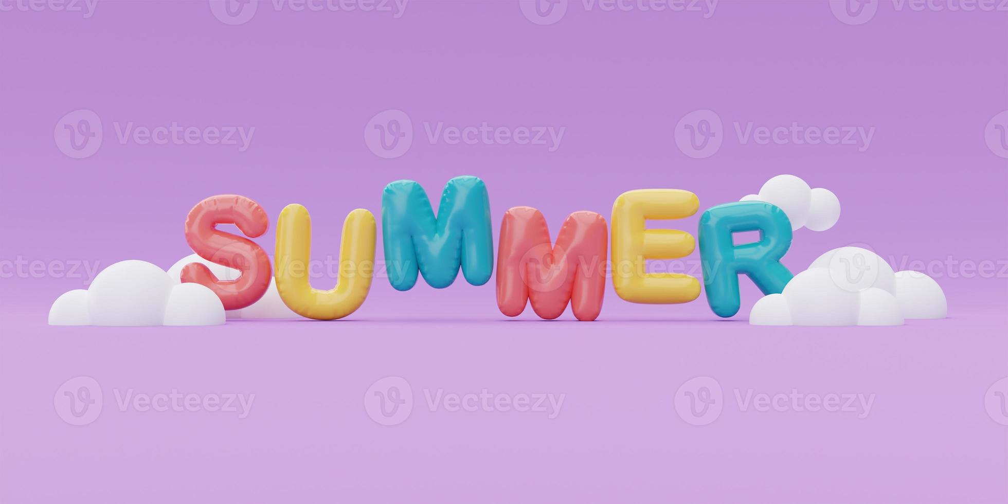 Summer time concept with colorful balloon and cloud on purple background, 3d rendering. photo