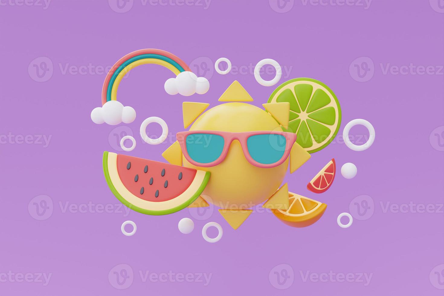 Summer time concept, sun with sunglasses and colorful summer beach elements on purple background, 3d rendering. photo