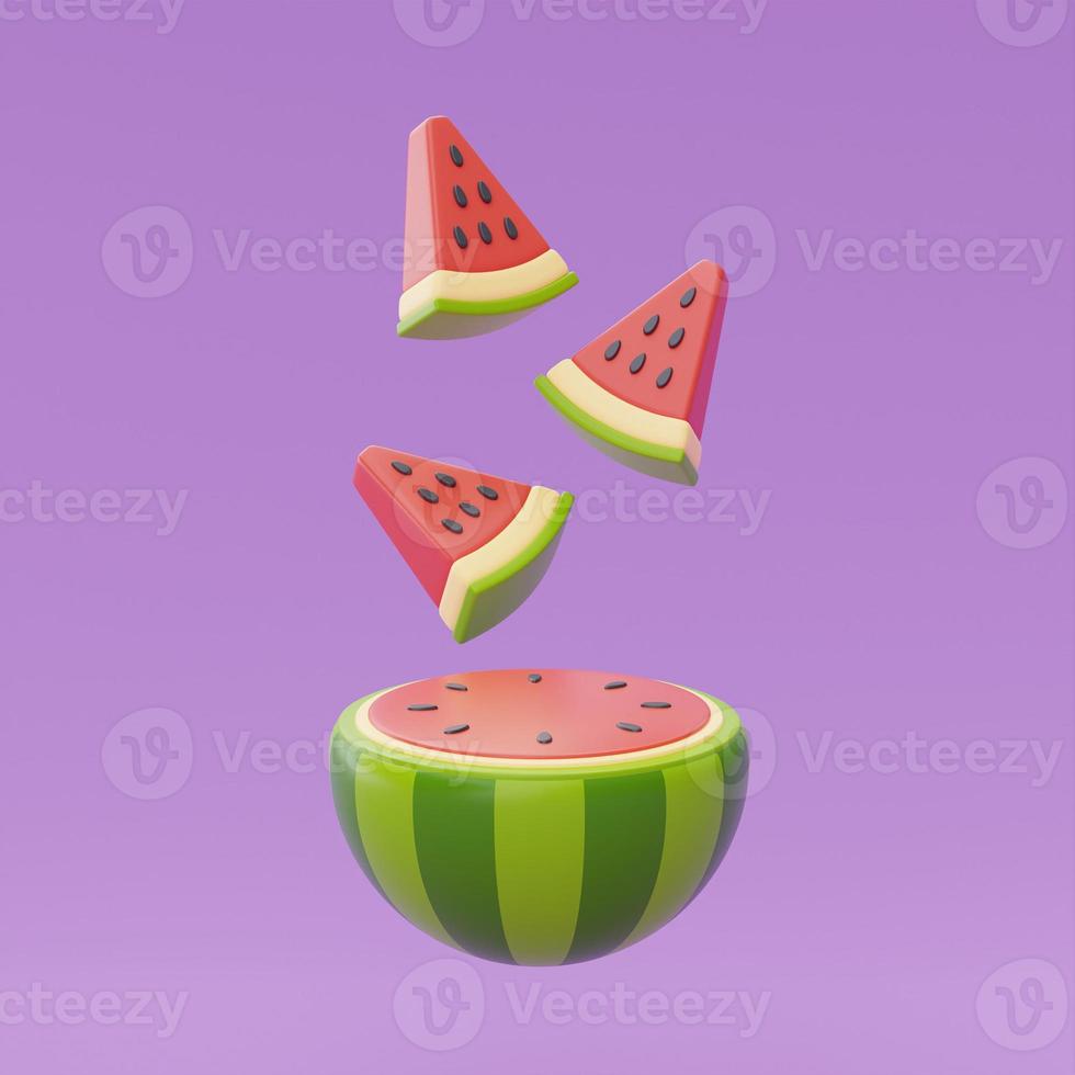 Slice of watermelon floating isolate on purple background, summer fruits, 3d rendering. photo