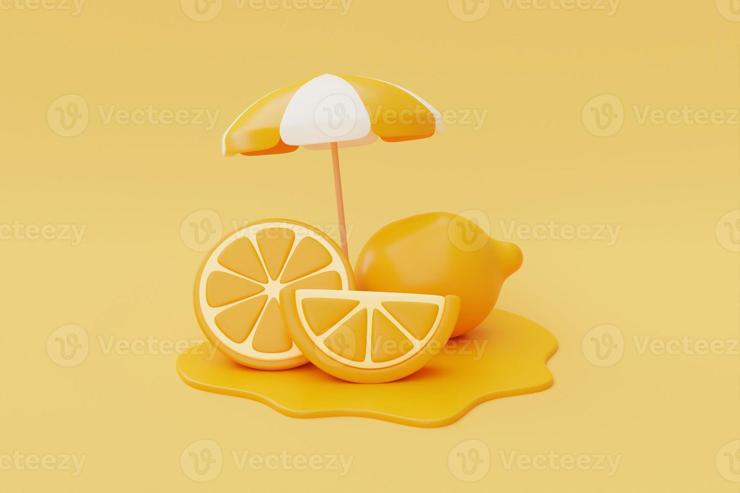 Slice of orange with beach umbrella isolate on orange background, summer fruits, 3d rendering. photo