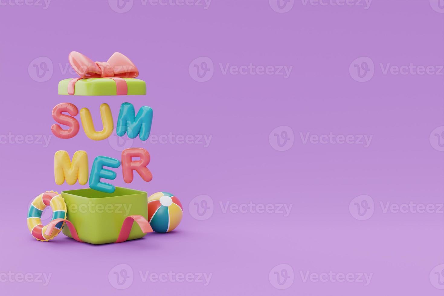 Opened gift box with colorful inflatable ring and colorful balloon text of summer on purple background, Summer time concept, 3d rendering. photo