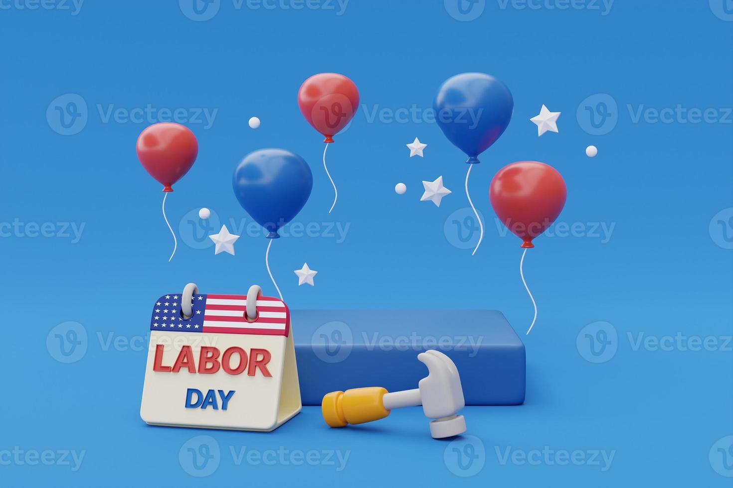 Happy labor day usa concept, podium display with construction tools and balloon on blue background, 3d rendering photo