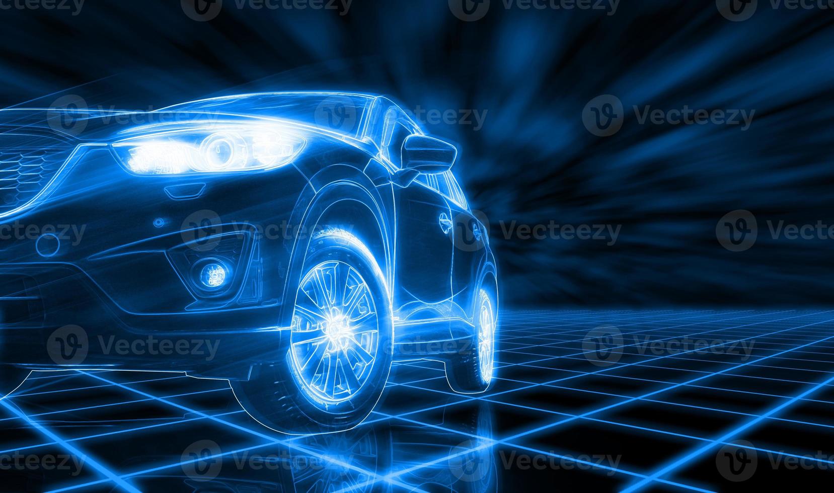 Modern SUV car open headlamp parked on dark background in futuristic vehicle concept. Future transportation. Futuristic autonomous car. Driverless autonomous vehicle. Self-driving car technology. photo