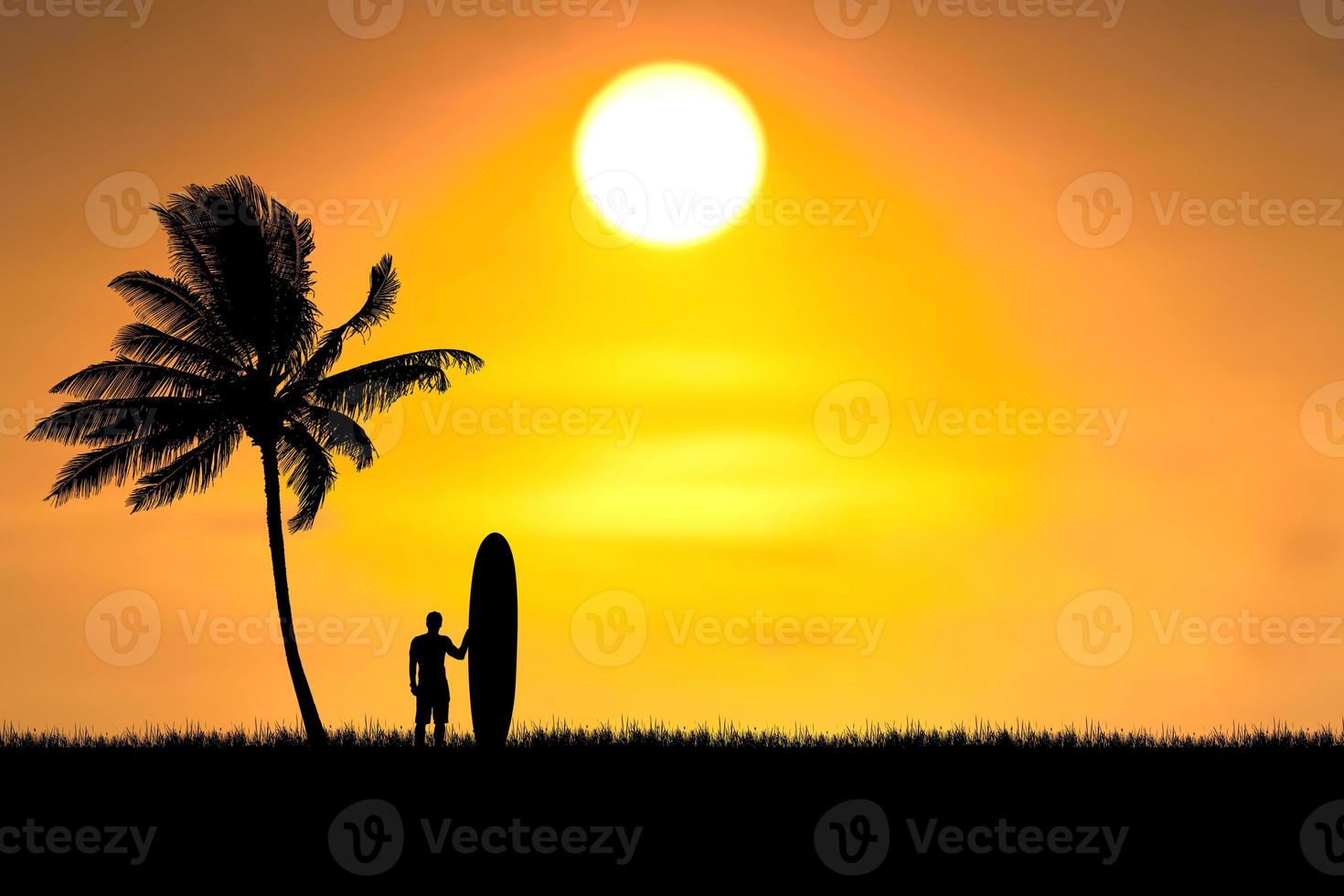 Silhouette Surfers hear at the beach with coconut palms in the morning. photo