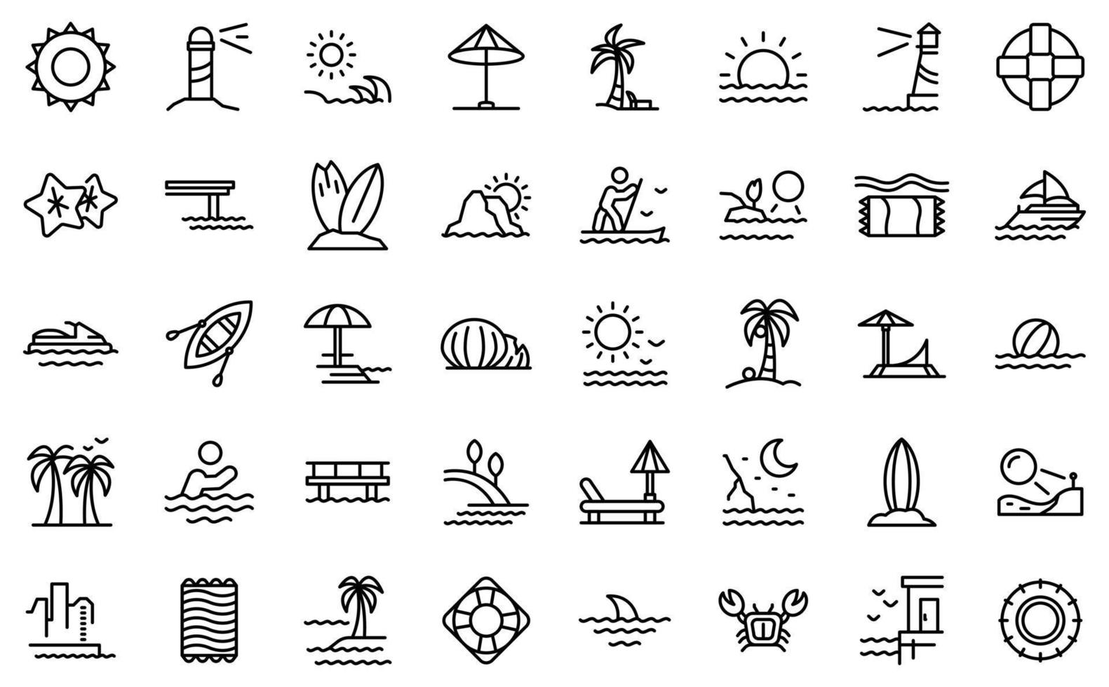 conjunto de iconos junto al mar, estilo de esquema vector