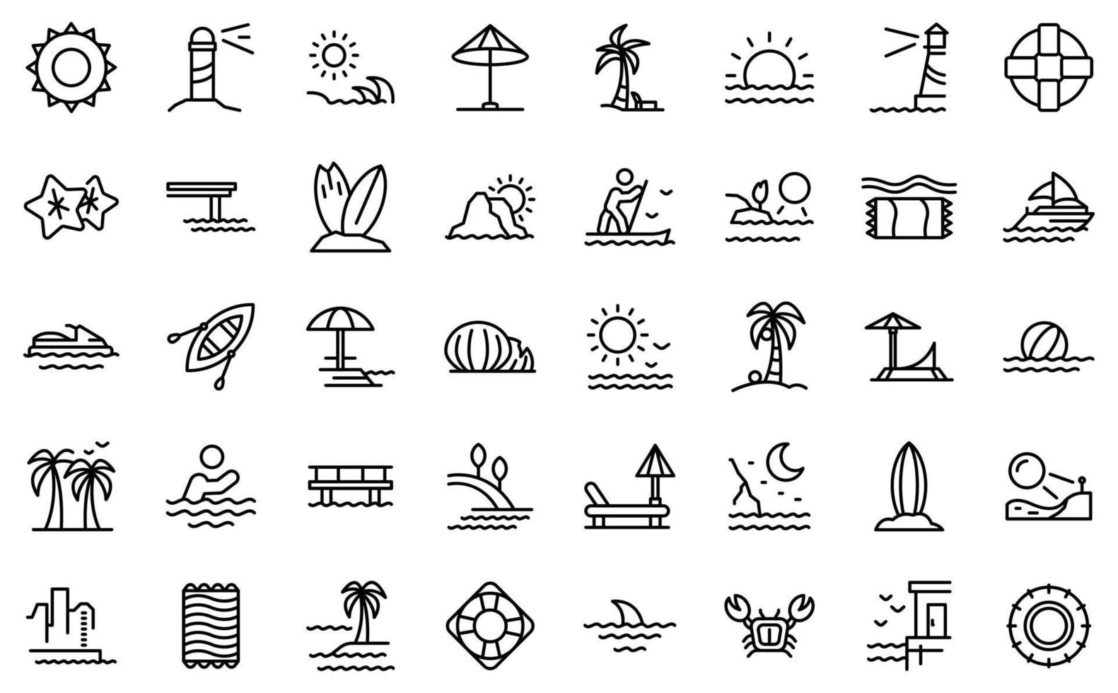 Seaside icons set, outline style vector
