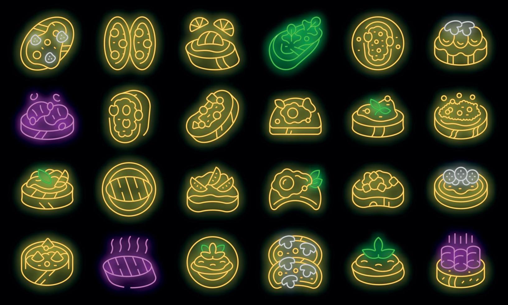 los iconos de bruschetta establecen el vector de contorno. comida queso vector neón