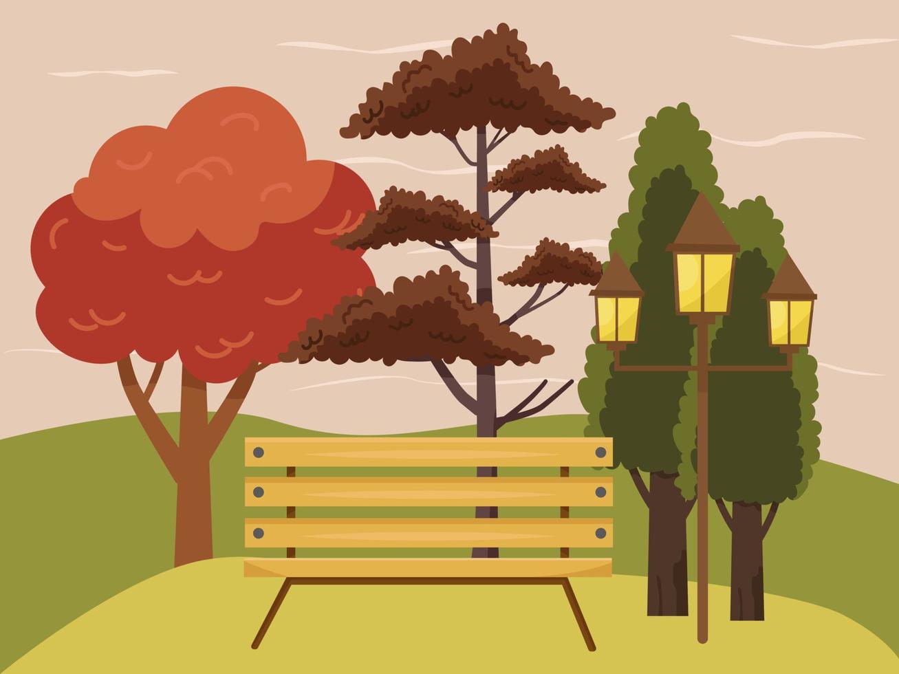 Autumn. Bench in the park with a street lamp on the background of autumn trees and hills and the evening sky vector