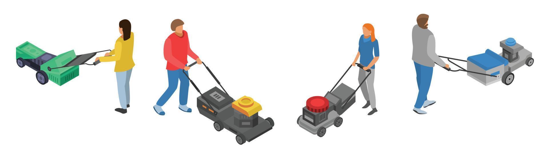 Lawnmower icon set, isometric style vector