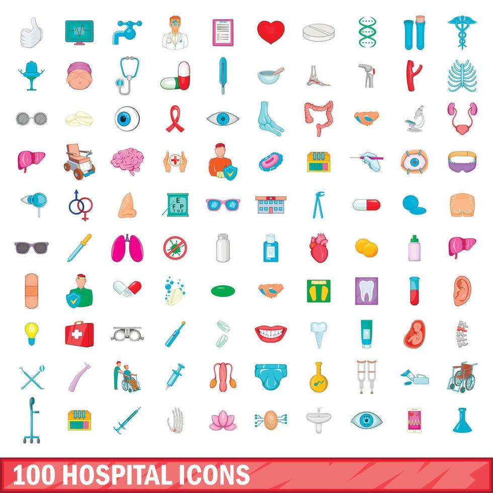 100 hospital icons set, cartoon style vector