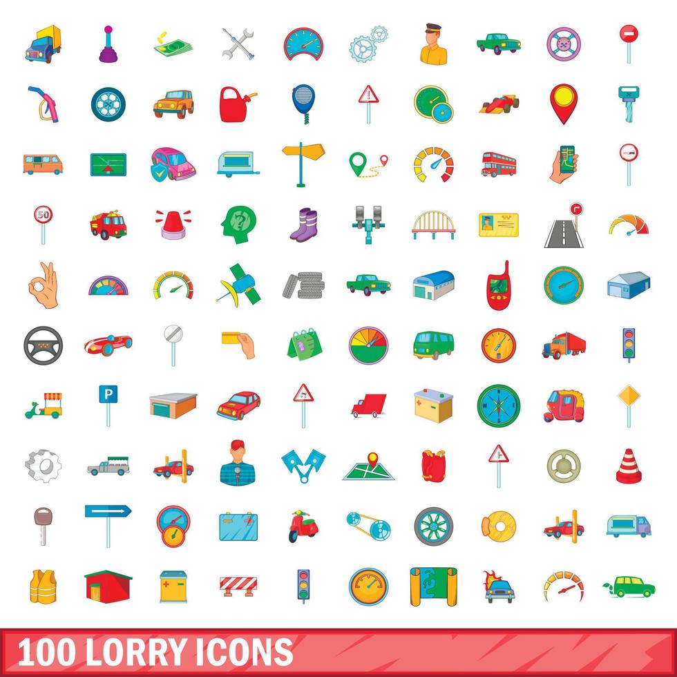 100 iconos de camiones, estilo de dibujos animados vector