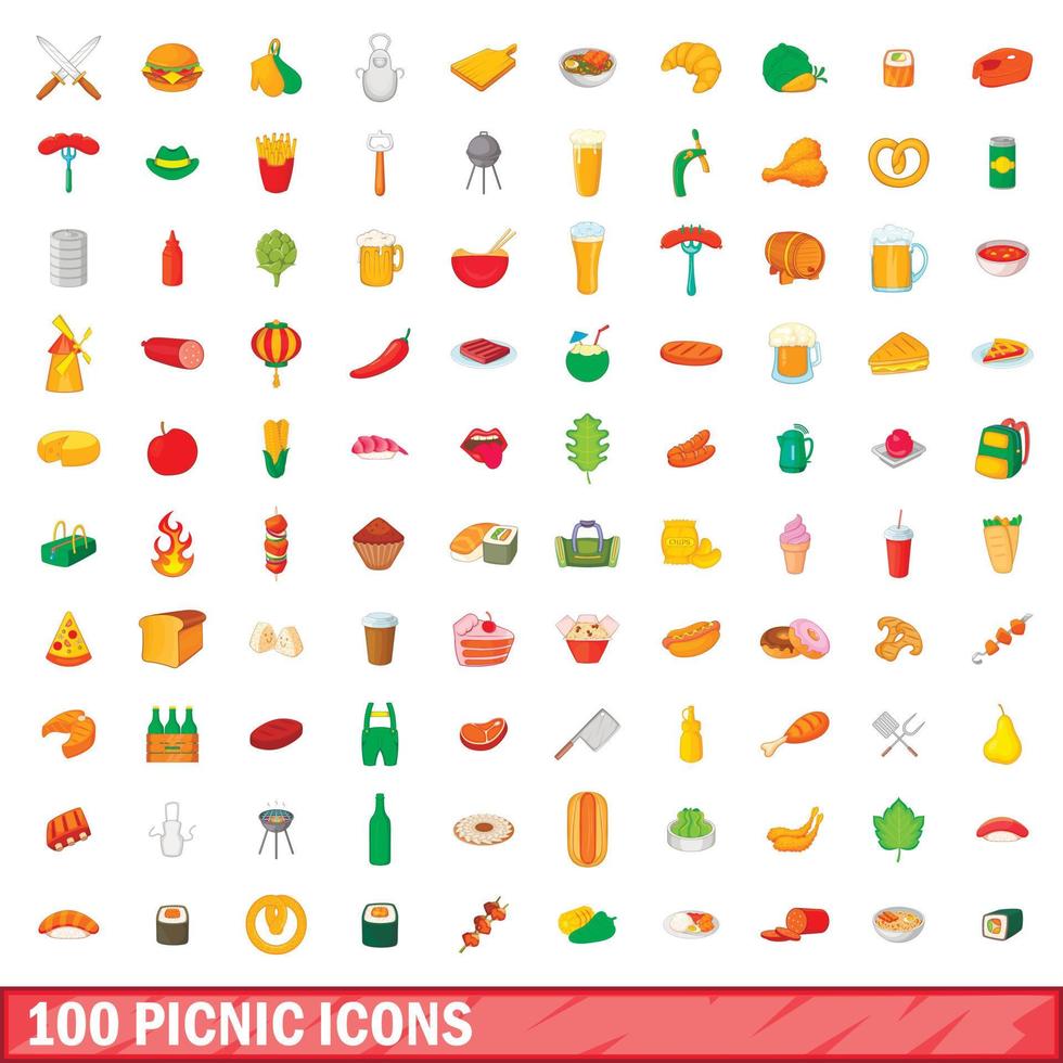 100 iconos de picnic, estilo de dibujos animados vector