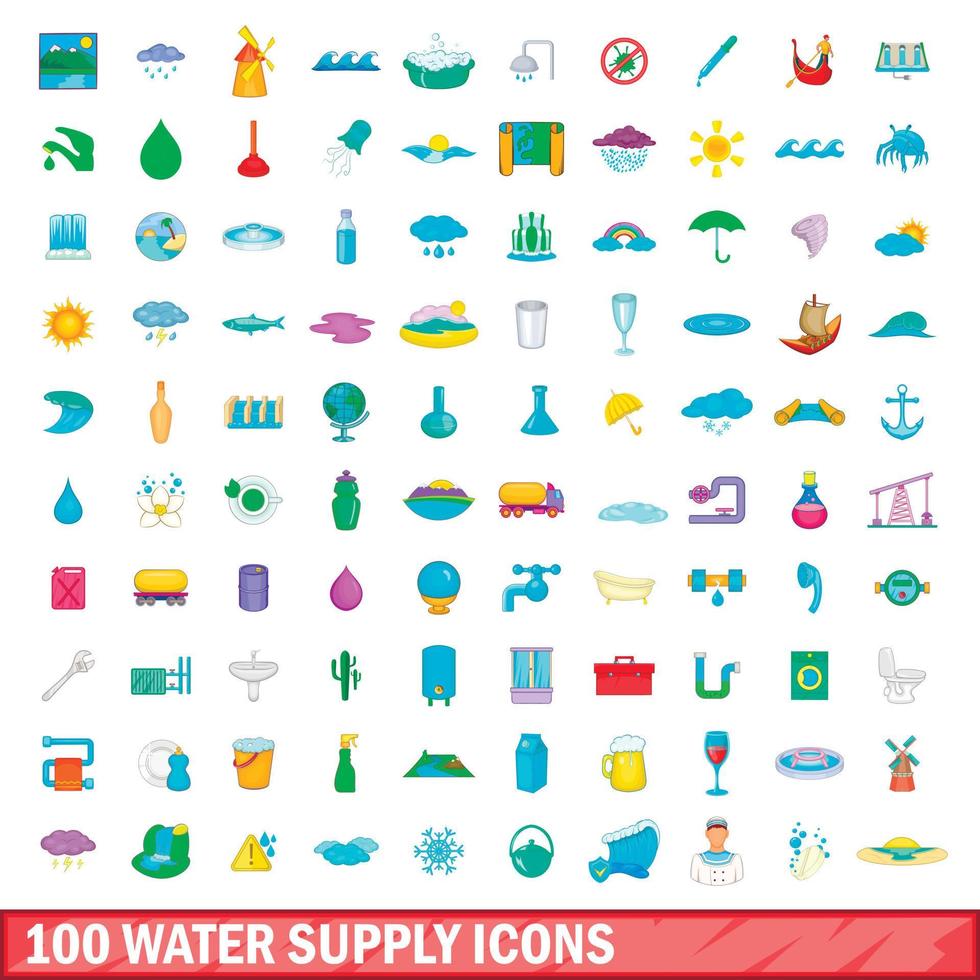100 water supply icons set, cartoon style vector