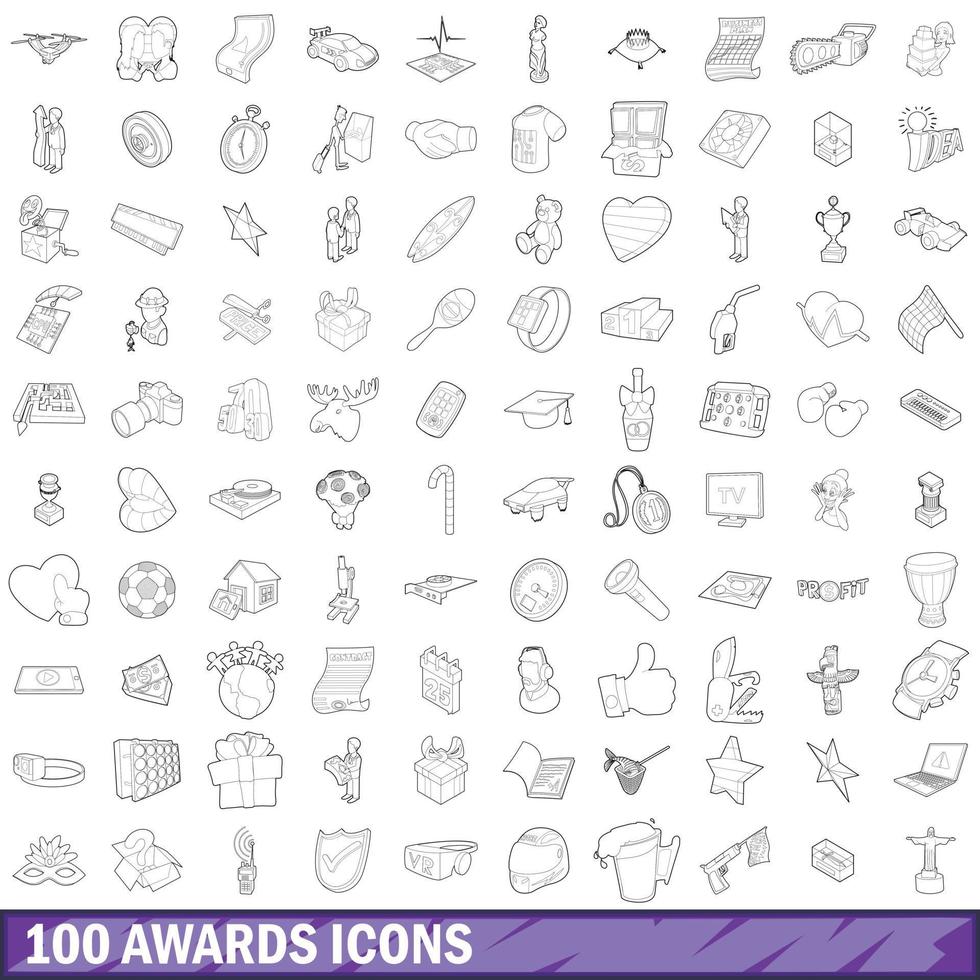 100 award icons set, outline style vector