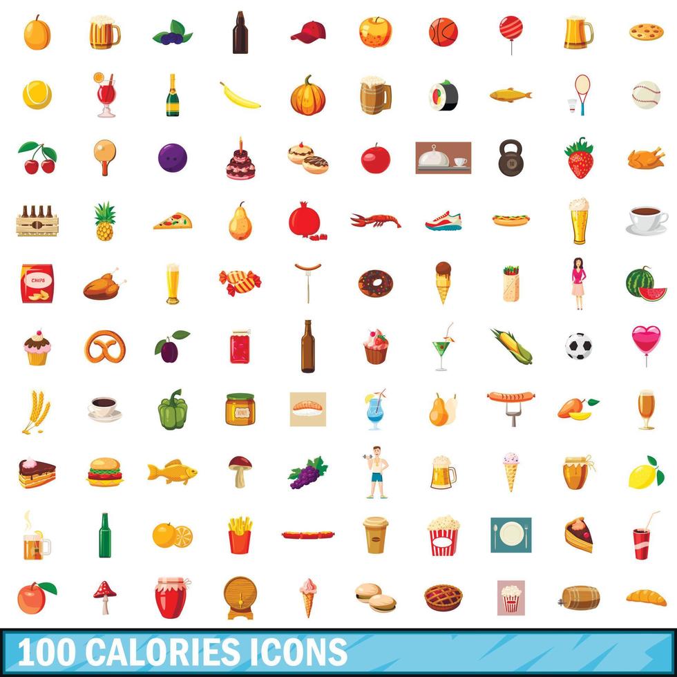 100 calories icons set, cartoon style vector