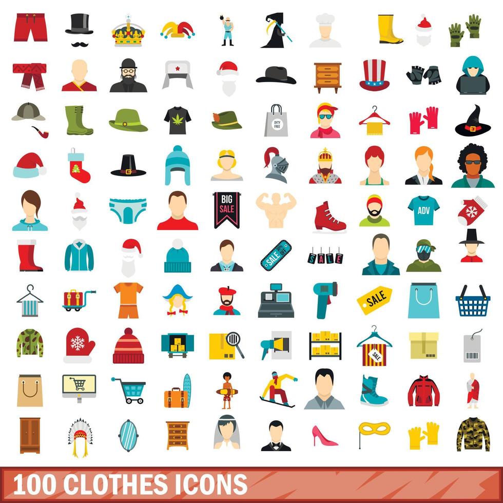 100 clothes icons set, flat style vector