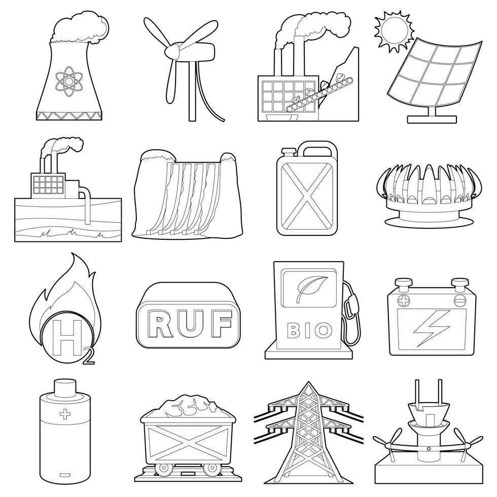 Energy sources items icons set, outline style vector