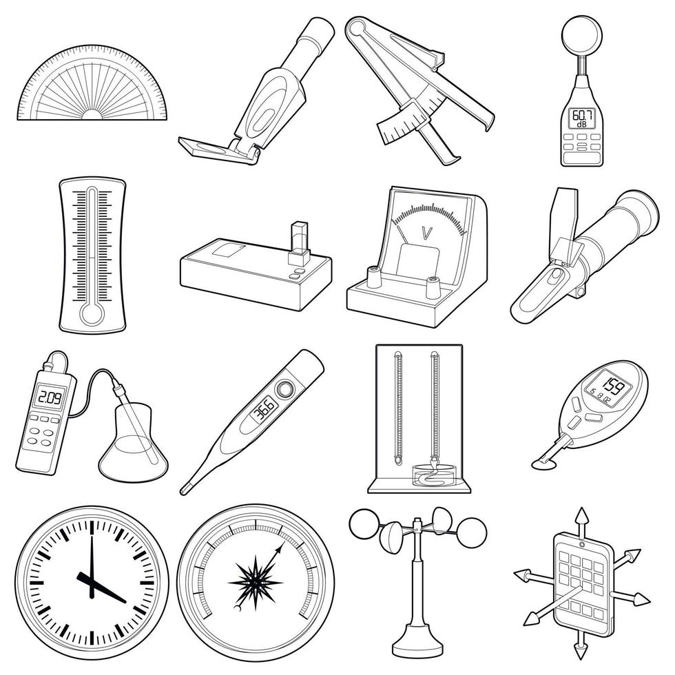 conjunto de iconos de herramientas de medición, estilo de esquema vector