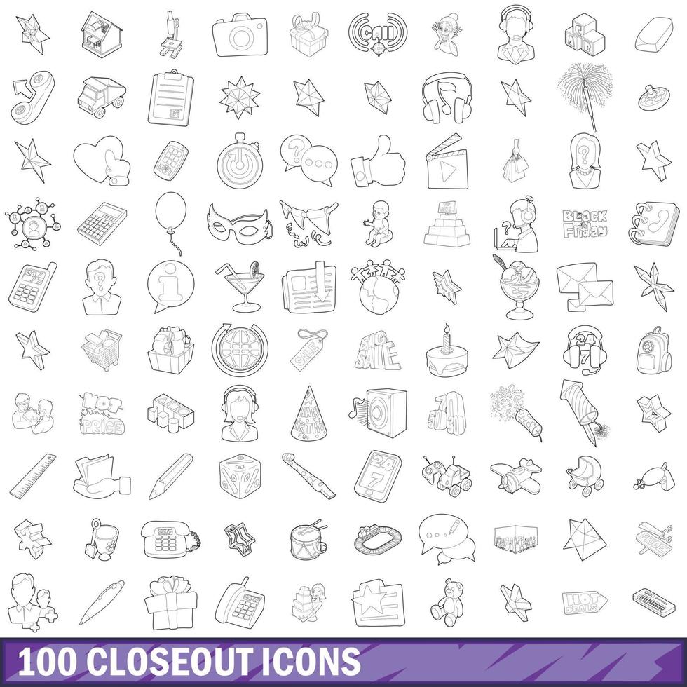 100 closeout icons set, outline style vector