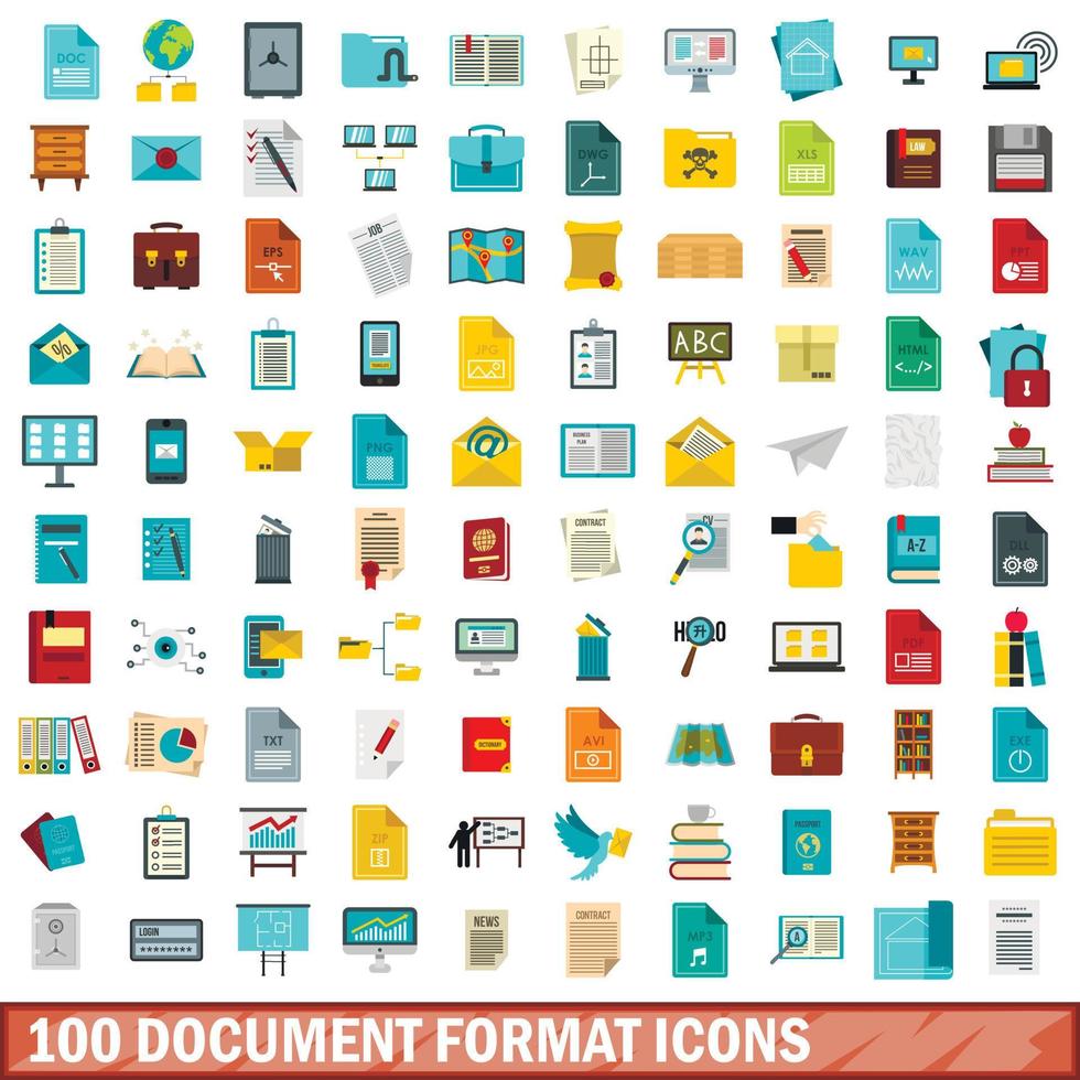 100 conjunto de iconos de formato de documento, estilo plano vector