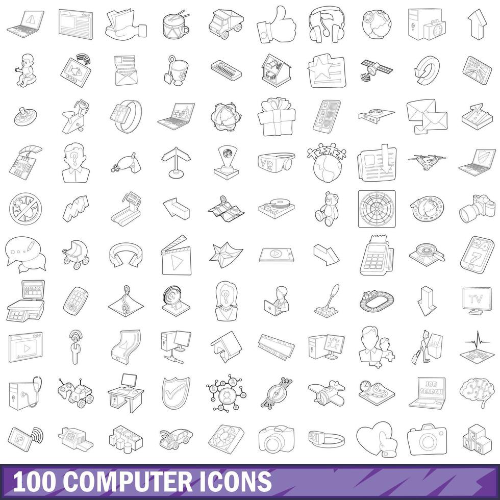 100 computer icons set, outline style vector