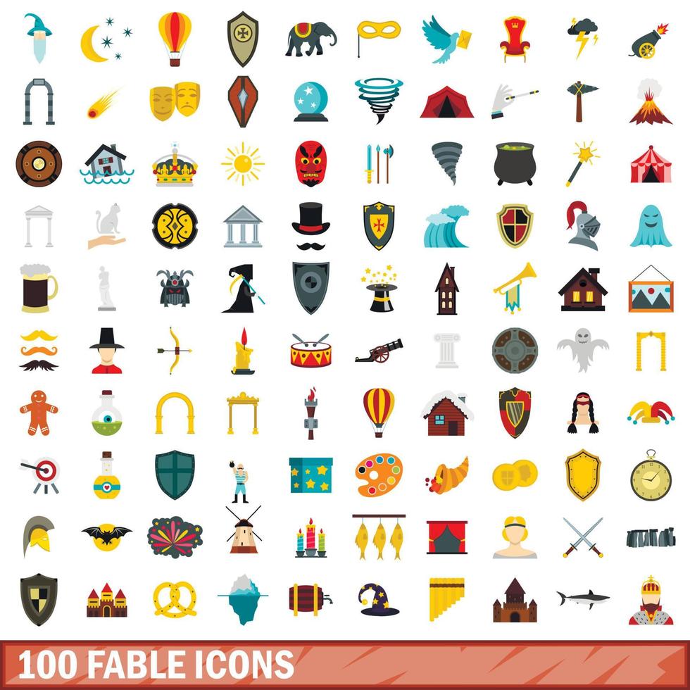 100 iconos de fábula, estilo plano vector