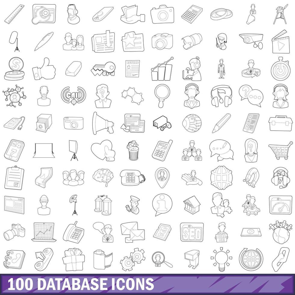 100 database icons set, outline style vector