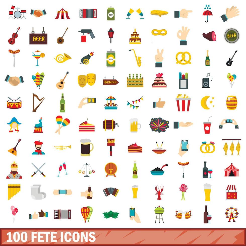 100 fete icons set, flat style vector