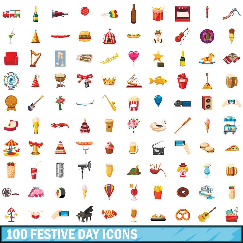 100 iconos de día festivo, estilo de dibujos animados vector