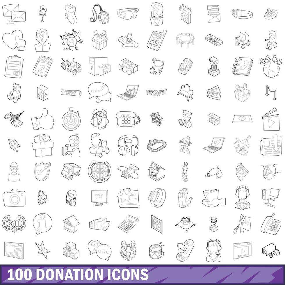 100 conjunto de iconos de donación, estilo de esquema vector