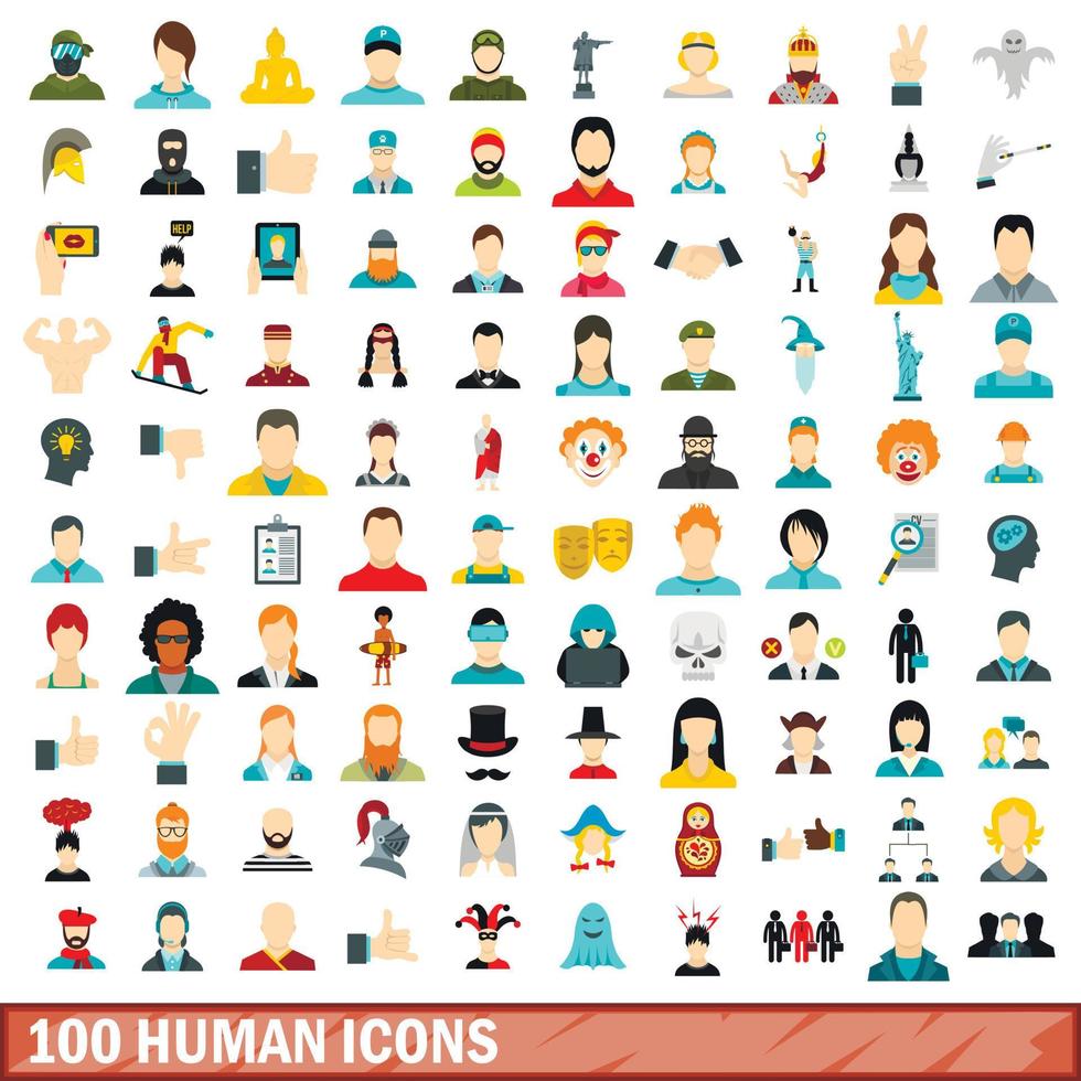 100 iconos humanos establecidos, estilo plano vector