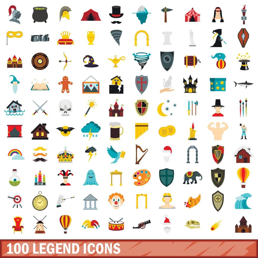 100 iconos de leyenda establecidos, tipo plano vector