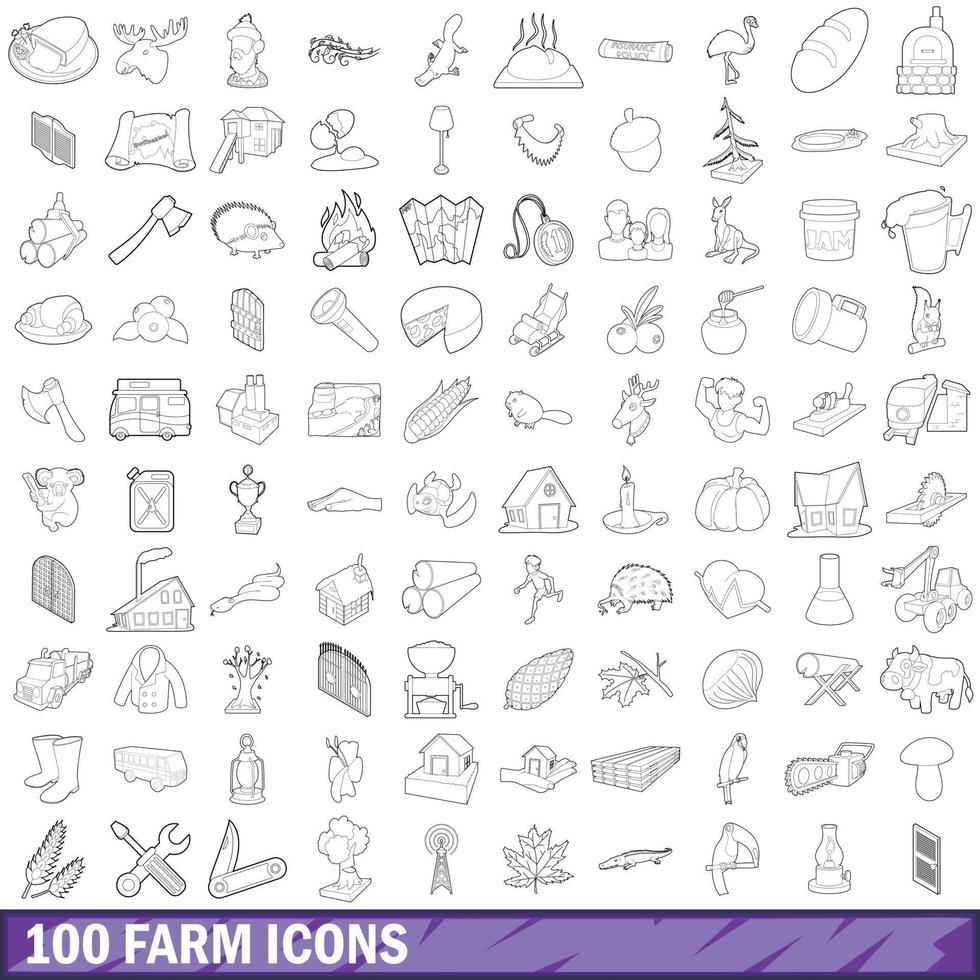 100 farm icons set, outline style vector